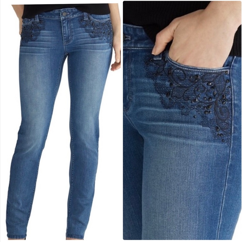 WHBM LACE & BEAD EMBELLISHED STRETCH SLIM JEANS